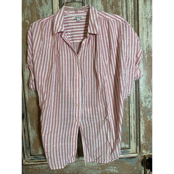 Madewell Women's Button Up Top Large Pink White Stripe Back Tie - Picture 1 of 11